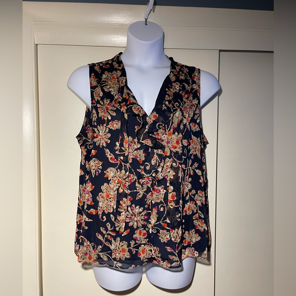 Tommy Hilfiger Sleeveless blouse with ruffled V-neck navy floral size XL